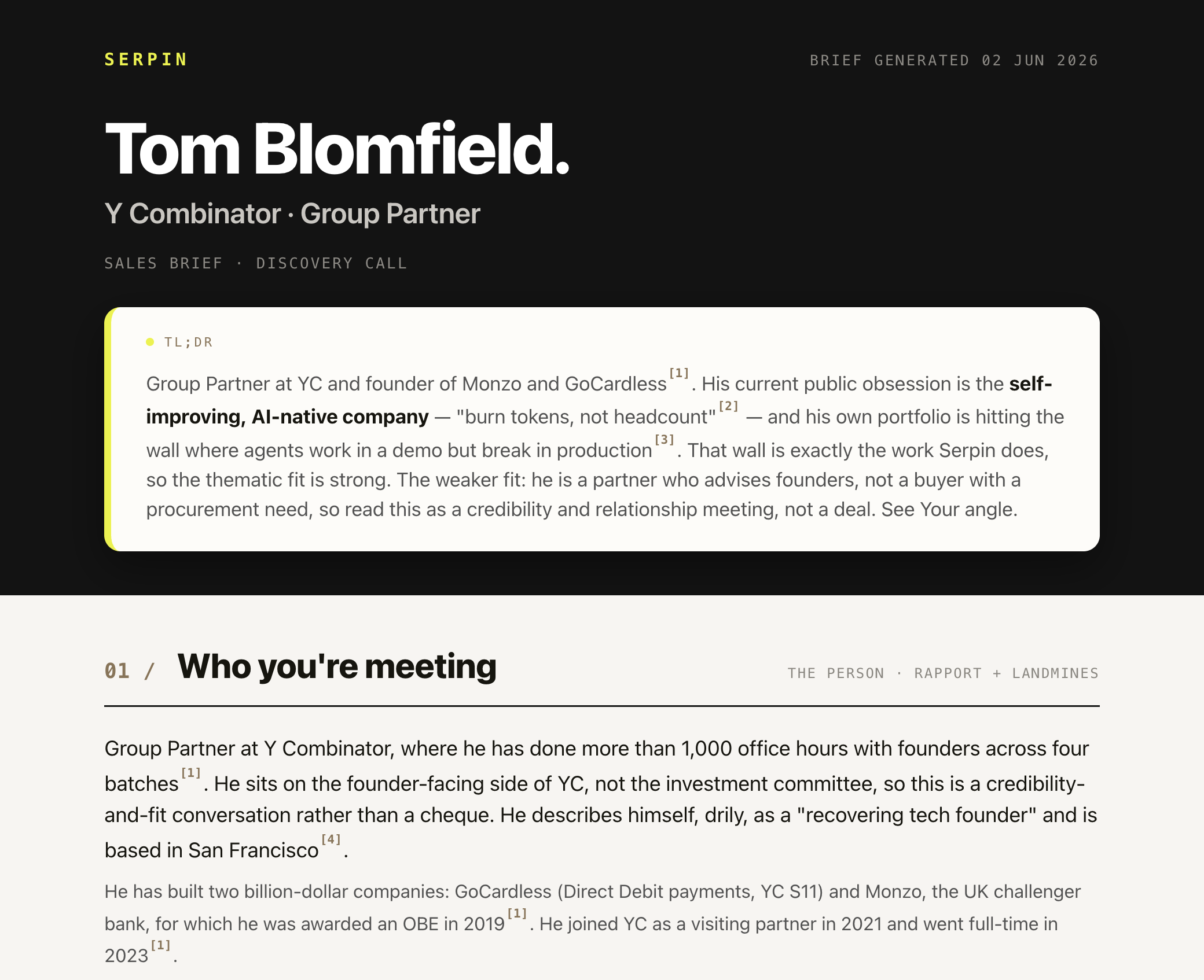 The top of a finished sales brief: the headline, a TL;DR summary with every fact numbered to a source, and the start of the structured sections.